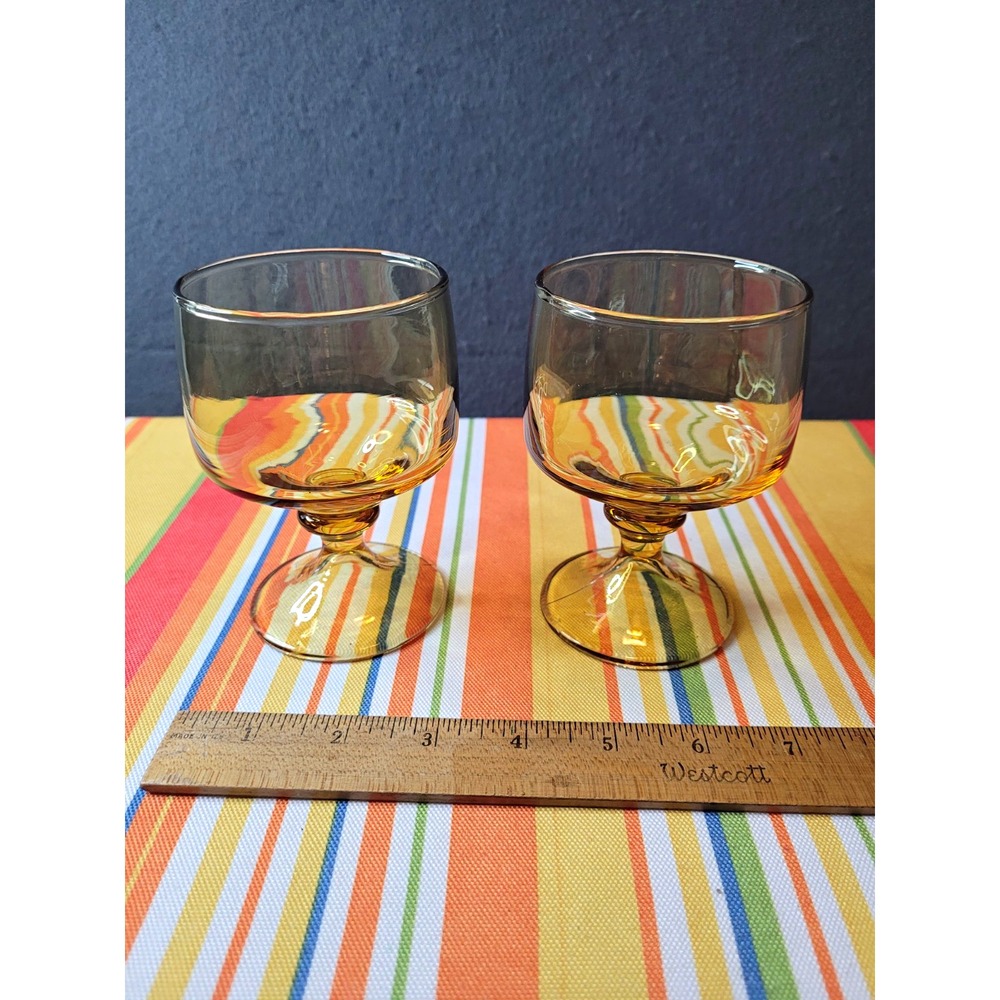 Amber Glass Stemmed Goblets Set of 2, 12 oz, 4.5 in Tall, 3.75 in Rim